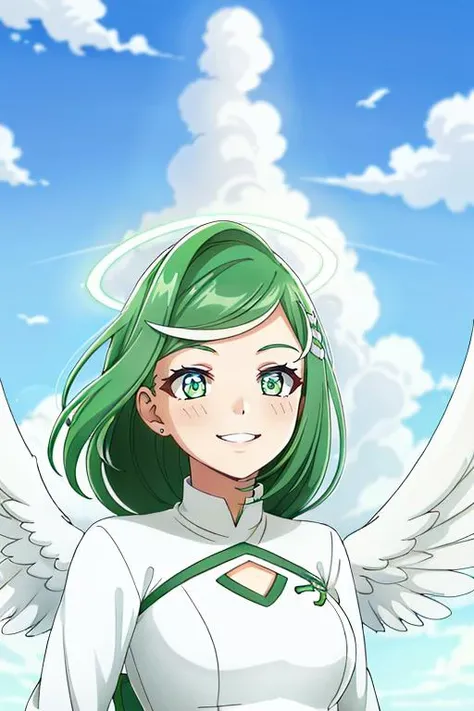 sbertyan, 1girl, solo, green hair, green eyes, (smile:1.2), long hair, braid, hair ornament, blush, dress, jewelry, short white dress <lora:sbertyan:0.55>
angel, halo, white halo, glowing halo, angel wings, white wings, feathered wings, (heaven:1.2), at distance, sky, blue sky,, best quality, masterpiece, ultra-detailed, illustration, (detailed light:1.05), cinematic lighting, detailed background, detailed face, detailed eyes