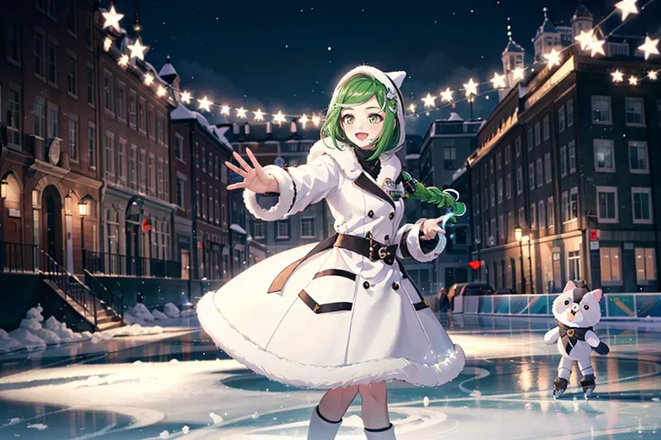 <lora:sbertyan-15 (2):0.5>,sbertyan,1girl,solo,green hair,green eyes,smile,(long hair:1.1),braid,hair ornament,blush,dress,jewelry,open mouth,white fur coat,white fur hood ,skates,ice rink,, <lora:GoodHands-beta2:1>,nice hands,perfect hand