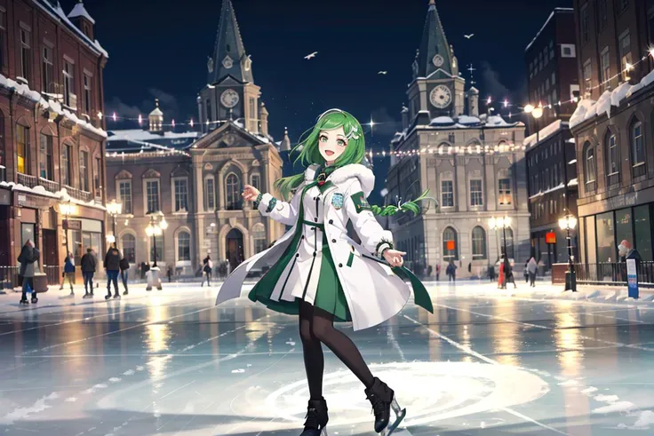 <lora:sbertyan-15 (2):0.5>,sbertyan,1girl,solo,green hair,green eyes,smile,(long hair:1.1),braid,hair ornament,blush,dress,jewelry,open mouth,white fur coat,hood,skates,ice rink,, <lora:GoodHands-beta2:1>,nice hands,perfect hand