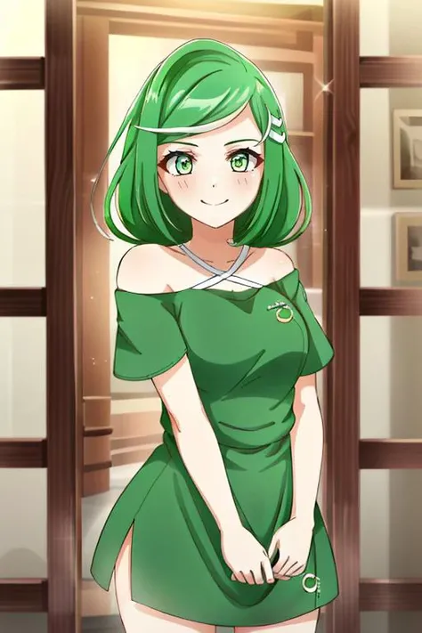 sbertyan, 1girl, solo, green hair, green eyes, (sly smile:1.2), long hair, braid, hair ornament, blush, dress, jewelry, bare shoulders, <lora:sbertyan:0.55> short green t-shirt
<lora:shirt_tug:0.9> naked shirt, (masterpiece, best quality, high quality, highres:1.4), extremely detailed, detailed skin, ambient soft lighting, 4K