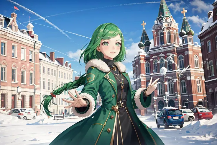 <lora:sbertyan-15 (2):0.5>,sbertyan,1girl,solo,green hair,green eyes,smile,long hair,braid,hair ornament,blush,dress,jewelry,fur coat,red square,kremlinб,<lora:GoodHands-beta2:1>,nice hands,perfect hand,