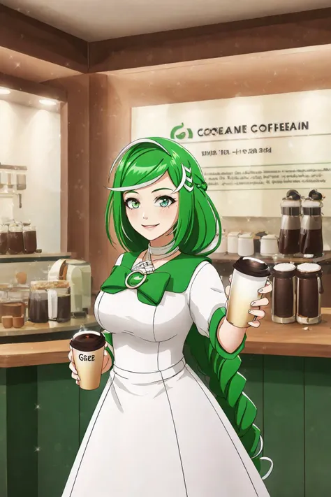 sbertyan,1girl,green hair,green eyes,smile,long hair,braid,hair ornament,whiite dress,<lora:sbertyan:0.6>,holding glass of coffee