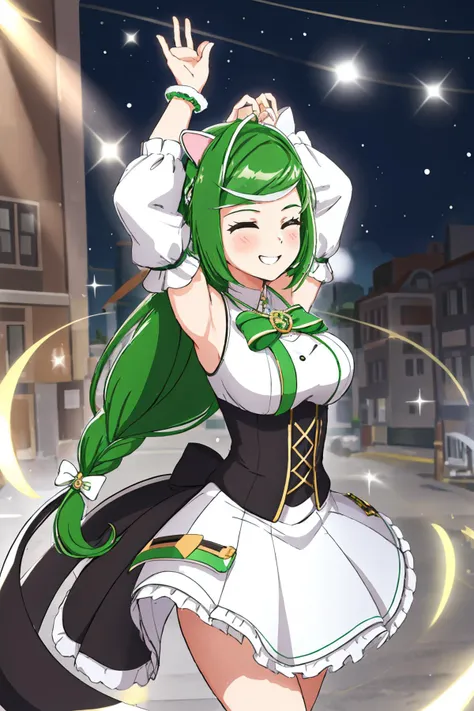 (Masterpiece: 1.1 points), (First Class: 1.1 points), (Perfect Face: 1.1 points), (Attention to Detail: 1.1 points), Unique, (Healthy Skin), Cartoon, Deformed, Full Body, Small Baku, White Skin, (Dark Green Shiny Hair), (Bright Green Tips: 1. 1 points), (Large Side black ribbon), green eyes, white top, green buttons on black string, top under black tank, (smiling with wide open mouth in cartoon style), looking at camera, close-up of front face, background, plain,