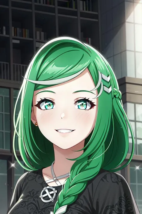 (dark theme:0.9), sbertyan, 1girl, solo, green hair, green eyes, smile, long hair, braid, hair ornament, blush, dress, jewelry <lora:sbertyan:0.55>, (hdr:1.22), muted colors, complex background, hyperrealism, hyperdetailed, amandine van ray, (intricate details:0.9), (hdr, hyperdetailed:1.2)
