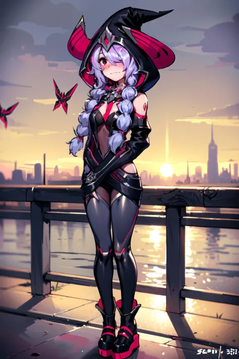 girl ((masterpiece)), (best quality), (era:1.25), (deep red blushing:1.55), (nervous smile:1.1), (split mouth:1.25), (beautiful), mature female, (1girl), ((solo)), (small medium breasts:1.1),  boots, [twin braids], purple hair, hat, witch hat, (nice hands), (perfect hands), (own hands together), (hood up), (hair over one eye), (outdoors), (sci fi:1.2), (evening sky), (sci fi cityscape:1.2), cyberpunk, legs, (standing),  <lora:add_detail:0.45>  <lyco:GoodHands-beta2:1.1> <lora:era_v3_20:0.8>