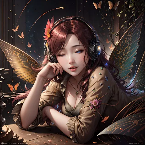 (flying translucent vermilion butterflies:1.15), high intricate details, red vale, best quality, feathers, branch, absurd res, FURNITURE, luscious lips, AMONG US, award winning matte drawing cinematic lighting octane render unreal engine volumetrics dtx, dreamlikeart, marble ruins, f/2.8, physically-based rendering, (ultrarealistic:1.3), game_cg, (noir detective:1.2), concept art, (a jubilant angel:1.2), morning, (Yoshitaka Amano:1.1, masterpiece), headphones, the space is carefully arranged to create an intimate yet open ambiance, Industrial age city, flower meadow, purity and dreamy symbolism, romanticism, survival, peach eyes, sleeping bag, <lora:cheeseDaddysLandscapes_35:1>, bara, flowers, They seem to be singing a song together