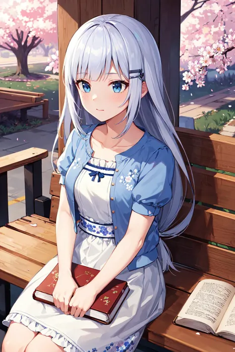 masterpiece, best quality, highres, aatsumugi, long hair, low-tied long hair, blunt bangs, hairclip, collarbone, short sleeves, blue jacket, white dress, puffy sleeves, open clothes, floral print, <lora:shiraishi_tsumugi_v1:0.7>, sitting, book, cherry blossoms, bench