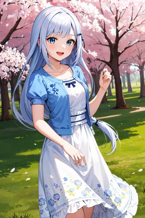 masterpiece, best quality, highres, aatsumugi, long hair, low-tied long hair, blunt bangs, hairclip, collarbone, short sleeves, blue jacket, white dress, puffy sleeves, open clothes, floral print, <lora:shiraishi_tsumugi_v1:0.7>, cherry blossoms, smile, open mouth, outdoors, standing