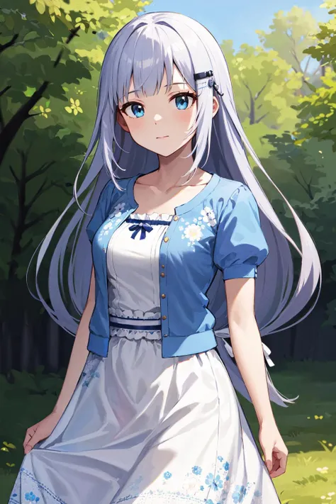 masterpiece, best quality, highres, aatsumugi, long hair, low-tied long hair, blunt bangs, hairclip, collarbone, short sleeves, blue jacket, white dress, puffy sleeves, open clothes, floral print, <lora:shiraishi_tsumugi_v1:0.7>, cowboy shot, outdoors, standing, v arms,