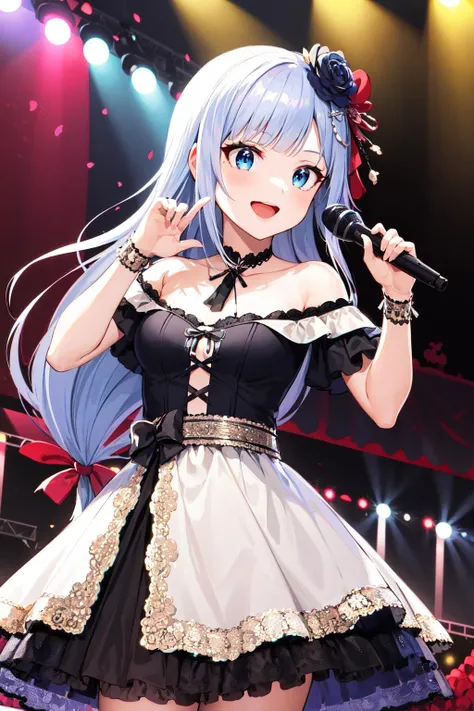 Idol girl, Long light blue hair、 Black eyes, idolmaster, Cute, Gorgeous and cute white and red dress、Hands up、jumpping、The best smile、cleavage of the breast、a frilled miniskirt、Shining lighting with neon details、Hold the microphone with your left hand and sing、light reflections、Heart-shaped iris、Playful white panties
