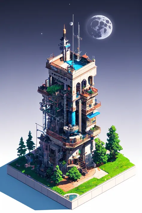 Extremely detailed, 8k sci fi wallpaper, Glass case, Kadinsky Style, Isometric Cutaway, Isometric View,  surrounded by trees and a moon in the sky, a tree house with a tower and a staircase inside of it, subsurface scattering, specular highlights, dark theme, art by artgerm,  Earth-QualityPos NeonLighting NeonLightingScene