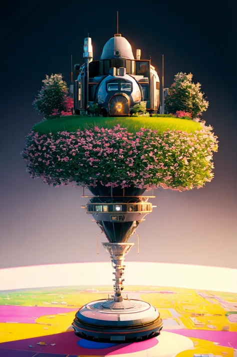 Extremely detailed, 8k sci fi wallpaper, a photo of the large Isometric_Dreams, Isometric view of a painting of a flower in a vase with a train on it's side and a building in the background, celtic elements, subsurface scattering, specular highlights, dark theme, art by artgerm, duskametric15