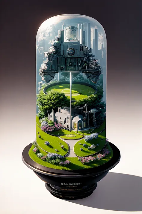 Extremely detailed, 8k sci fi wallpaper, a photo of the large Isometric_Dreams, Isometric view of a painting of a flower in a vase with a train on it's side and a building in the background, celtic elements, subsurface scattering, specular highlights, dark theme, art by artgerm, duskametric15