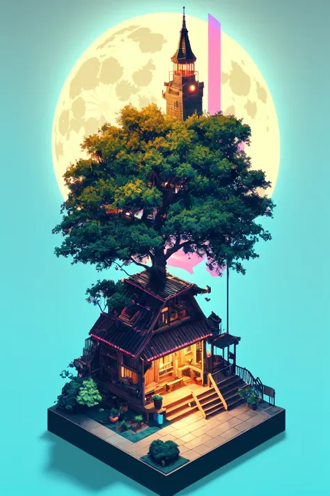 Extremely detailed, 8k sci fi wallpaper, Glass case, Kadinsky Style, Isometric Cutaway, Isometric View,  surrounded by trees and a moon in the sky, a tree house with a tower and a staircase inside of it, subsurface scattering, specular highlights, dark theme, art by artgerm,  Earth-QualityPos NeonLighting NeonLightingScene