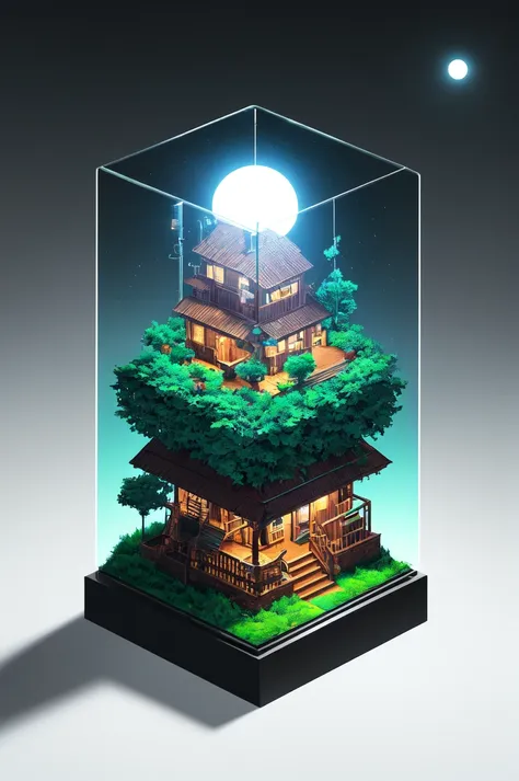 Extremely detailed, 8k sci fi wallpaper, Glass case, Kadinsky Style, Isometric Cutaway, Isometric View,  surrounded by trees and a moon in the sky, a tree house with a tower and a staircase inside of it, subsurface scattering, specular highlights, dark theme, art by artgerm,  Earth-QualityPos NeonLighting NeonLightingScene