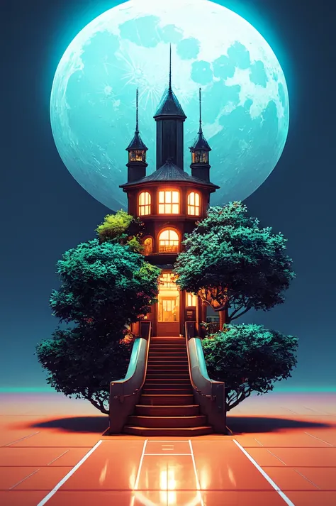 Extremely detailed, 8k sci fi wallpaper, a good photo of the Isometric_Dreams, surrounded by trees and a moon in the sky, a tree house with a tower and a staircase inside of it, subsurface scattering, specular highlights, dark theme, art by artgerm, duskametric15 Earth-QualityPos NeonLighting NeonLightingScene