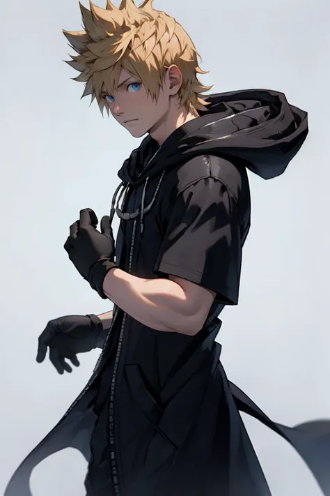 best quality, Mature male, Leaning, <lora:kingdomhearts_roxas-10:.85> khroxas, white jacket, short sleeves, pants, black robe, hood, black gloves