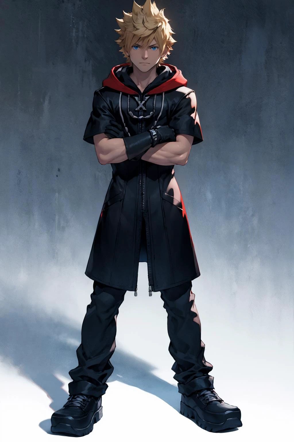 best quality, Mature male, arms crossed, <lora:kingdomhearts_roxas-10:.85> khroxas, white jacket, short sleeves, pants, black robe, hood, black gloves