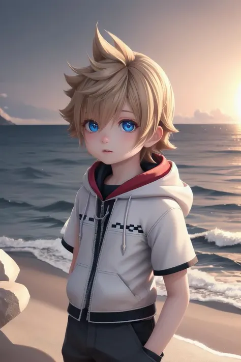 <lora:kingdomhearts_roxas:0.7> khroxas, white jacket, short sleeves, pants, hood, black gloves,
petite, adorable boy, sparkling eyes, energetic eyes, delicate features, high light in eyes,sea, beach , outside, highlight in eyes, multiple details,whole body, 
The soft lighting and detailed surroundings create an immersive environment where imagination runs wild hyper-detailed, hyper-detailed face, high quality visuals, dim Lighting, sharply focused, octane render, 8k UHD