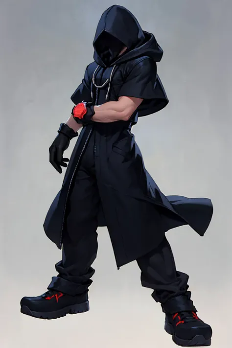 best quality, Mature male, Full body shot, <lora:kingdomhearts_roxas-10:.85> khroxas, white jacket, short sleeves, pants, black robe, hood, black gloves
