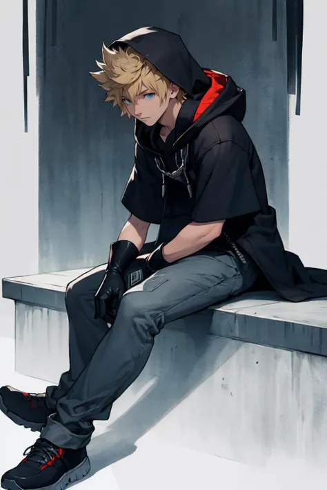 best quality, Mature male, Sitting, <lora:kingdomhearts_roxas-10:.85> khroxas, white jacket, short sleeves, pants, black robe, hood, black gloves