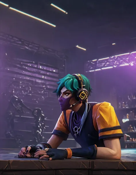 score_9, score_8_up, score_7_up, score_6_up, score_5_up, score_4_up, 1boy, fingerless gloves, gloves, headphones, headset, necklace, sitting, sword, weapon, Aphelios, a man in a costume holding a bell and a bell hanging from a wire in a room with a purple background, Du Jin, unreal engine 5 quality render, a character portrait, vanitas, League of Legends, genderless, bishonen, hrstlxks style, solo, short hair, male focus, green hair, mouth mask, gloves, blue hair, elbow gloves, shawl, black gloves, fingerless gloves, nail polish, black nails, cinematic lighting, cinematic angle, indoors, nightclub, <lora:HeartstlPonyXL:1>