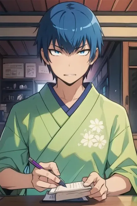 masterpiece, best quality, wallpaper, 1boy, solo, male focus, looking at viewer, , depth of field, <lora:ryuuji_takasu:0.76>, ryuuji_takasu, blue hair, sanpaku, , , feudal japan, High definition