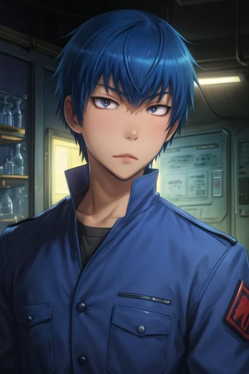 masterpiece, best quality, illustration, 1boy, solo, male focus, looking at viewer, upper body, depth of field, <lora:ryuuji_takasu:0.70>, ryuuji_takasu, blue hair, sanpaku, , science fiction military science fiction,