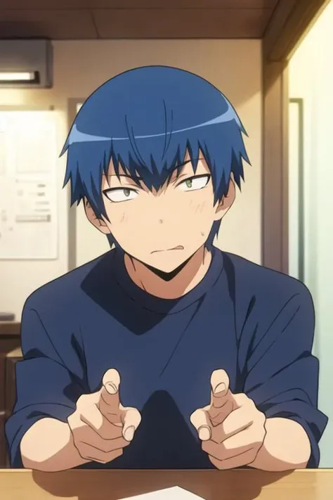 masterpiece, best quality, illustration, 1boy, solo, male focus, looking at viewer, , depth of field, <lora:ryuuji_takasu:0.68>, ryuuji_takasu, blue hair, sanpaku