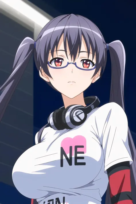 (Night:1.7), Japan, cyberpunk, CityView, Before Window,
Standing at attention,
white shirt,t-shirt,striped sleeves,Red Long sleeves,
<lora:Iori_Kousaka_Eroge-KK77-V1:0.7>,<lora:more_details:0.1>,semi-rimless eyewear, behind-the-head headphones,headphones around neck,
black hair,Bangs,long hair,red eyes,twintails,
1 girl, 20yo,Young female,Beautiful Finger,Beautiful long legs,Beautiful body,Beautiful Nose,Beautiful character design, perfect eyes, perfect face,expressive eyes,
looking at viewer, in the center of the image,(Upper_body),(Focus on her face),
official art,extremely detailed CG unity 8k wallpaper, perfect lighting,Colorful, Bright_Front_face_Lighting,shiny skin,
(masterpiece:1.0),(best_quality:1.0), ultra high res,4K,ultra-detailed,
photography, 8K, HDR, highres, absurdres:1.2, Kodak portra 400, film grain, blurry background, bokeh:1.2, lens flare, (vibrant_color:1.2)
(Beautiful,large_Breasts:1.4), (beautiful_face:1.5),(narrow_waist),