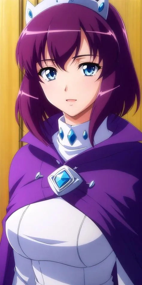 <lora:henrietta_de_tristainV2:.7> henrietta_de_tristain, huge_breasts, standing, solo, White_turtleneck_dress_White_thighhighs_White_garter_straps_Tiara_Purple_cape, masterpiece, best quality, detailed face, detailed eyes, highres,