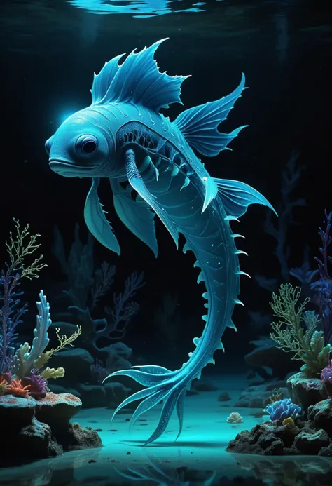 (medium full shot) of (peculiar blue aquatic creature) with bioluminescent skin, bioluminescent patches, ribbon-like fins, elongated snout, ethereal fins, glowing veins, bioluminescent corals, set in  a mystical glowing bay, with calm waters, luminous plants, hidden nooks, ethereal beauty, at night, ,Masterpiece,best quality, raw photo, realistic, very aesthetic