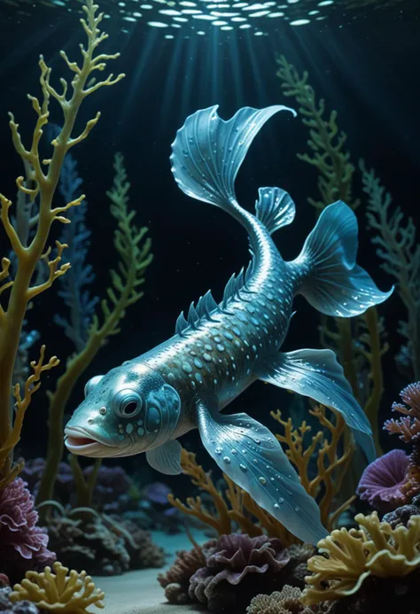 (medium full shot) of (exotic pearlescent aquatic creature) with mottled skin, smooth skin, tentacle-like fins, extra eyes on the sides, additional fins, glowing scales, pearl ornaments, set in  a magical kelp grove, with thick kelp, diverse marine life, bioluminescent plants, serene waters, at night, Masterpiece,best quality, photo, realistic, very aesthetic,