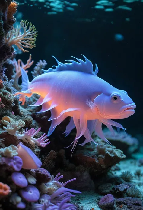 (medium full shot) of (captivating pearlescent aquatic creature) with iridescent skin, seaweed strands, tentacle-like fins, elongated snout, ethereal fins, ethereal glow, sea anemones, set in  a hidden coral lagoon, with gentle waves, vibrant corals, glowing fish, tranquil ambiance, at night, ,Masterpiece,best quality, photo, realistic, very aesthetic