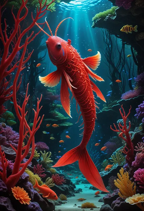 (medium full shot) of (exotic red aquatic creature) with bioluminescent skin, coral growths, elongated flippers, antennae, feathered fins, iridescent skin, pearl ornaments, set in  a vibrant kelp forest, with dense foliage, colorful fish, hidden nooks, lively underwater ecosystem, Masterpiece,best quality, photo, realistic, very aesthetic,