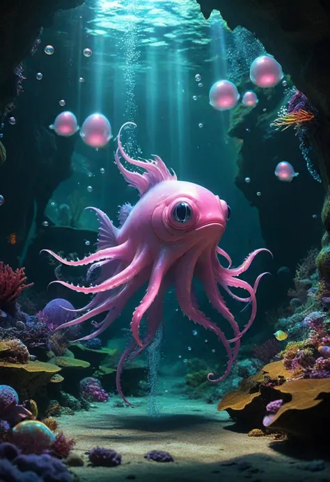 (medium full shot) of (enigmatic pink aquatic creature) with iridescent skin, shell-like armor, tentacle-like fins, multiple eyes, tail, luminescent eyes, ethereal bubbles, set in  a dark underwater cavern, with eerie light, shadowy corners, mysterious echoes, hidden secrets, during twilight, ,Masterpiece,best quality, photo, realistic, very aesthetic