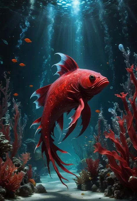 (medium full shot) of (astonishing red aquatic creature) with mottled skin, sleek scales, multiple fins, elongated snout, additional fins, iridescent skin, ethereal bubbles, set in  a magical kelp grove, with thick kelp, diverse marine life, bioluminescent plants, serene waters, at night, ,Masterpiece,best quality, raw photo, realistic, very aesthetic, dark