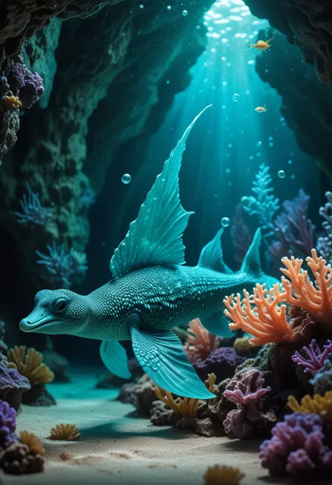 (medium full shot) of (astonishing teal aquatic creature) with scaly skin, sleek scales, elongated flippers, antennae, feathered fins, ethereal glow, ethereal bubbles, set in  an enchanted underwater cave, with luminescent corals, ethereal light, serene ambiance, hidden beauty, Masterpiece,best quality, photo, realistic, very aesthetic,