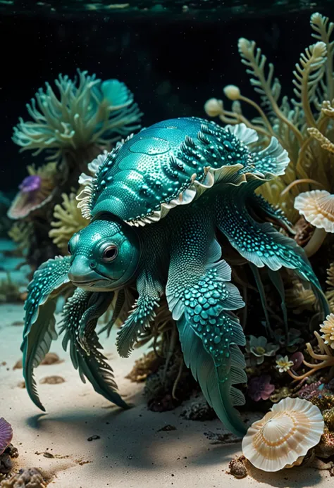 (medium full shot) of (captivating teal aquatic creature) with scaly skin, shell-like armor, multiple fins, shell cap, tail, bioluminescent hair, sea anemones, set in  a serene glowing lagoon, with diverse marine life, glowing flora, serene ambiance, magical light, ,Masterpiece,best quality, photo, realistic, very aesthetic,