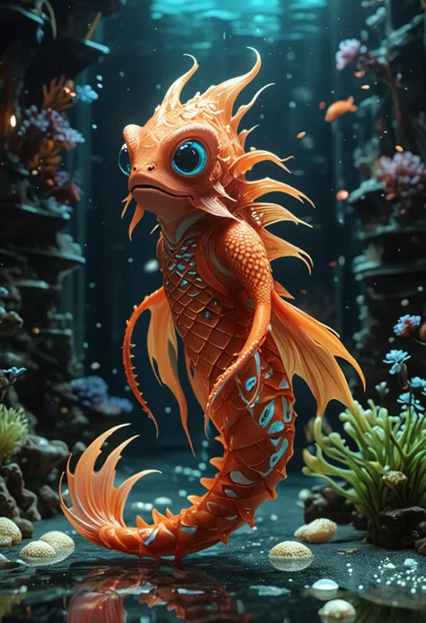 (medium full shot) of (exotic orange aquatic creature) with smooth skin, sleek scales, multiple fins, extra eyes on the sides, tail, bioluminescent hair, seashell patterns, set in  a futuristic underwater city, with sleek designs, bioluminescent plants, advanced technology, serene ambiance , ,Masterpiece,best quality, photo, realistic, very aesthetic