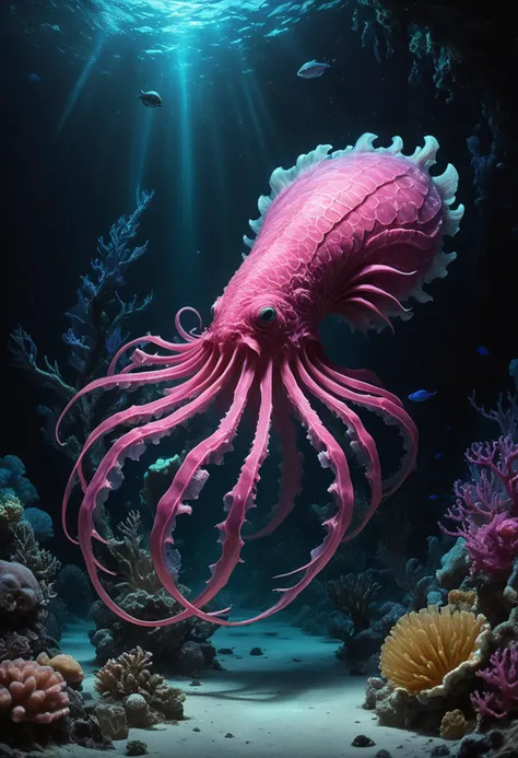 (medium full shot) of (fantastical pink aquatic creature) with scaly skin, shell-like armor, webbed limbs, antennae, tail, bioluminescent hair, luminescent sea plants, set in a mysterious coral atoll, with ancient corals, strange marine creatures, bioluminescent plants, serene waters, at night, ,Masterpiece,best quality, raw photo, realistic, very aesthetic, dark