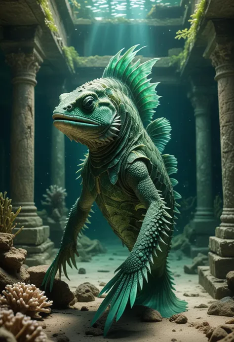 (medium full shot) of (majestic green aquatic creature) with scaly skin, armored plates, multiple fins, gills, feathered fins, iridescent skin, pearl ornaments, set in  ancient sunken ruins, with crumbling structures, overgrown corals, eerie light, hidden secrets, Masterpiece,best quality, photo, realistic, very aesthetic,