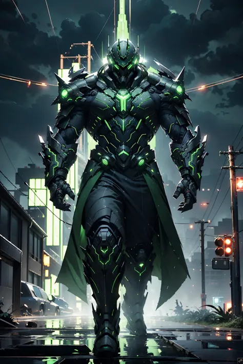 1boy, a man in a suit standing in front of a giant monster in a city at night with green lights, assault rifle, cable, cyberpunk, giant, glowing, gun, helmet, holding gun, power lines, rain, rifle, science fiction, solo, weapon,
<lora:deamonXP_v1.1-000015:0.8>,, ((best quality)),((masterpiece)),((highres)),((detailed)), original, extremely detailed 8K wallpaper,intricate details, hyperdetailed, hyper quality, high detail, ultra detailed,perfect lighting,, anime,comic,game CG,