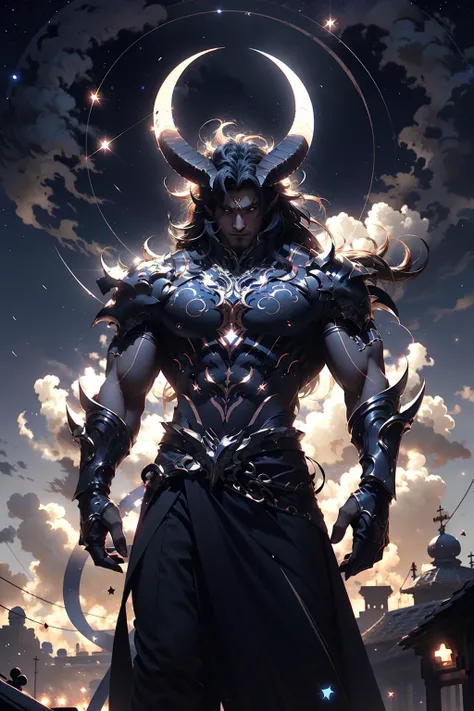 a man with horns and a ring on his head standing in the clouds with a ring around his neck, fire, abs, aurora, embers, glowing, cloud, glowing eyes, city lights, crescent moon, long hair, horns, male focus, constellation, light particles, holding, solo, muscular, earth \(planet\), standing, night sky, sword, holding weapon, looking at viewer, full moon, weapon, sky, galaxy, space, star \(sky\), starry sky, moon, moonlight, night, milky way, smoke, pectorals, planet, shooting star, starry background, starry sky print, 1man,
<lora:deamonXP_v1.1-000015:0.8>,, ((best quality)),((masterpiece)),((highres)),((detailed)), original, extremely detailed 8K wallpaper,intricate details, hyperdetailed, hyper quality, high detail, ultra detailed,perfect lighting,, anime,comic,game CG,