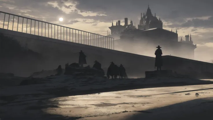 wide_shot,panorama,intense shadows,cumulus_congestus,sun,yellow sky,strong rim light,incredibly absurdres,huge filesize,wallpaper,remains,<lora:darksoul:2>,prison,