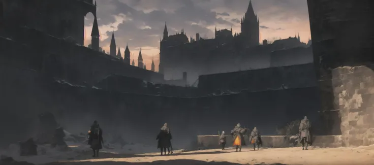 castle,orange sky,incredibly absurdres,huge filesize,wallpaper,<lora:darksoul:2>,altostratus_translucidus,strong rim light,