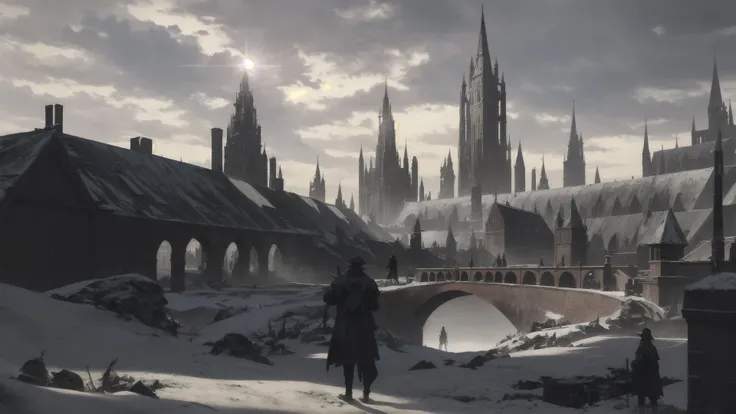 intense shadows,landscape,altostratus_opacus,strong rim light,sun,incredibly absurdres,huge filesize,wallpaper,<lora:darksoul:2>,tower,turret,bridge,remains,