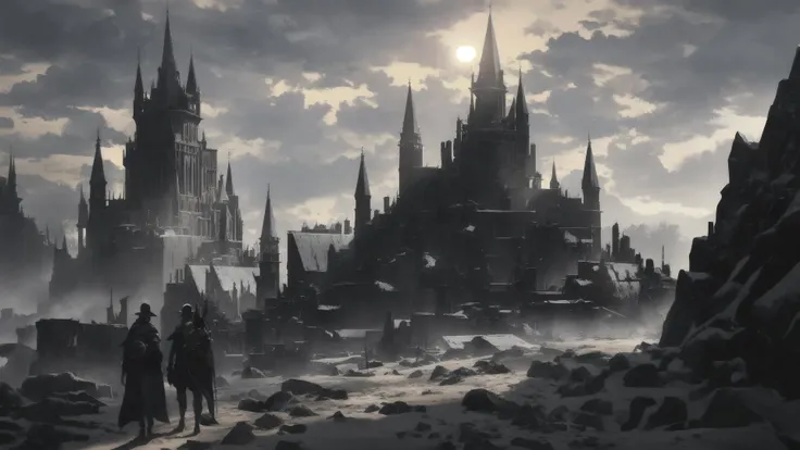 intense shadows,landscape,cumulus_congestus,sun,strong rim light,incredibly absurdres,huge filesize,wallpaper,remains,turret,<lora:darksoul:2>,