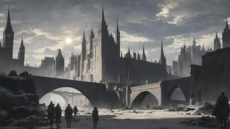 intense shadows,landscape,cumulus_congestus,sun,strong rim light,incredibly absurdres,huge filesize,wallpaper,<lora:darksoul:2>,tower,bridge,remains,