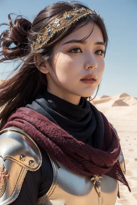 1girl, fierce, auburn hair, tied long hair, small breast, smirking, (close-up:1.3), (upper body:1.2), 
BREAK,
wearing a (Desert Saharan armor:1.5), (a scarf:1.1), fantasy, 
BREAK,
ancient-ruin in a desert, desolate environment, ruined city, 
BREAK,
((best quality)), ((masterpiece)), ((realistic)), (detailed), ((highly detailed skin)), highly detailed skin, looking at the viewer, stunning gradient colors, no watermark signature, detailed background, insanely detailed, , ((masterpiece)), absurdres, HDR